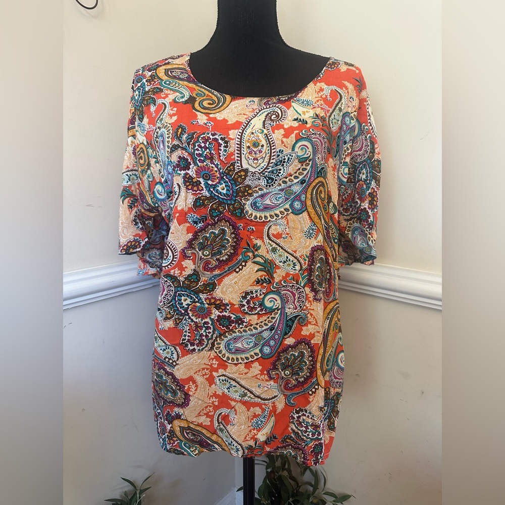 Coco + Carmen Women’s Tunic L/XL Art Gallery Boho Paisley Flowy Flutter Top EUC